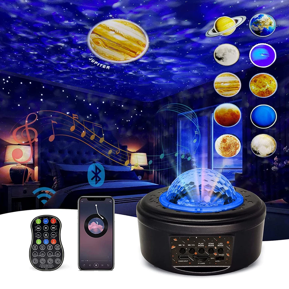 Proyector de luz nocturna de estrellas, proyector de galaxia LED 3 en 1 con  control remoto, altavoz Bluetooth, temporizador, activado por sonido, 10