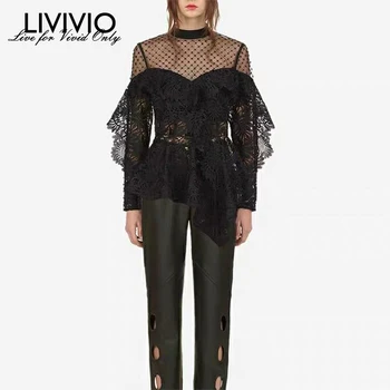 

[LIVIVO] New Black Patchwork Frilled Round Neck Sheer Floral Long Sleeve Sexy Fashion Tumblr Harajuku Korean Style Lace Tops