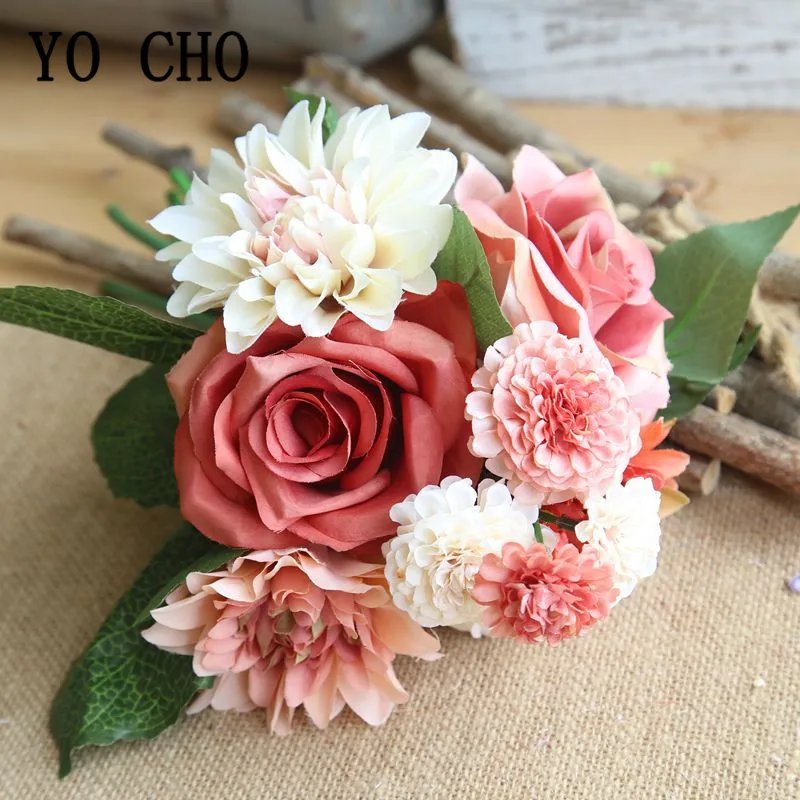 

YO CHO Bride Wedding Bouquet 8 Heads Silk Rose Dahlia Artificial Flower Bridesmaids Fake Pompon Bundle Home Wedding Table Decor