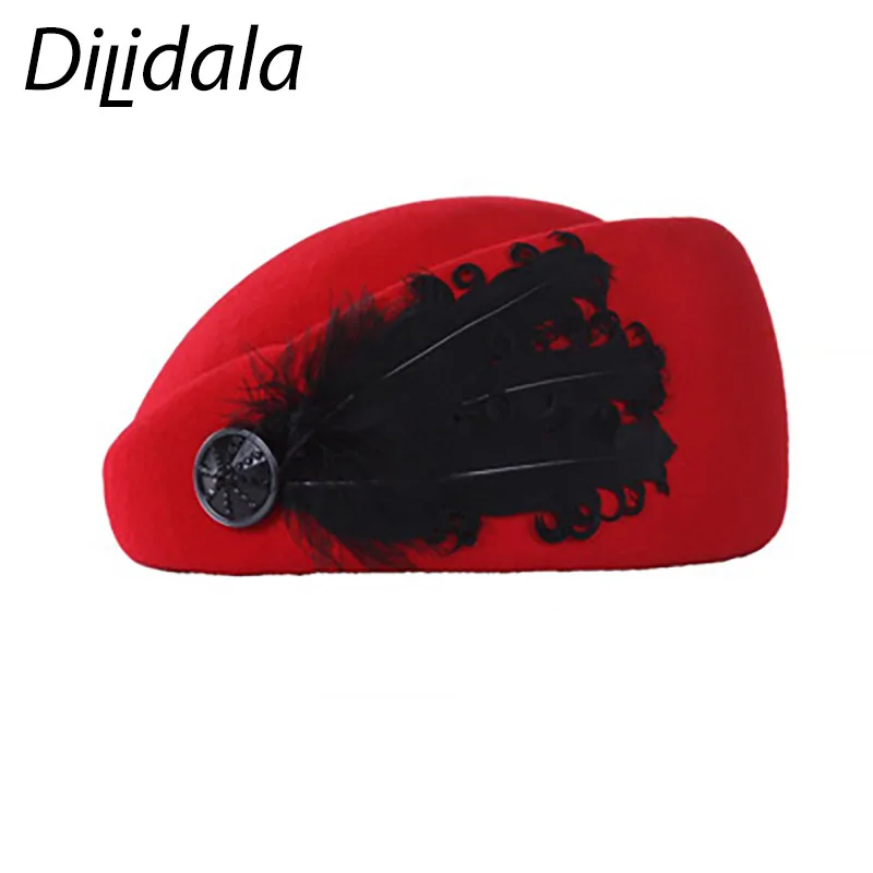 Dilidala осенне-зимняя шерстяная Женская шляпка-берет для женщин, модная Корейская Ретро английская черная шляпа с перьями, маленький Топ для женщин