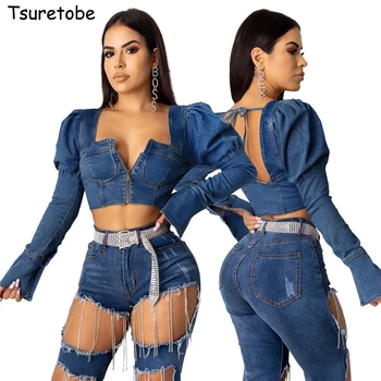 

Tsuretobe Sexy Cropped Jeans Jacket Women Backless Denim Jacket Lace Up Party Club Short Coat Zipper Long Sleeve Outerwear Femal
