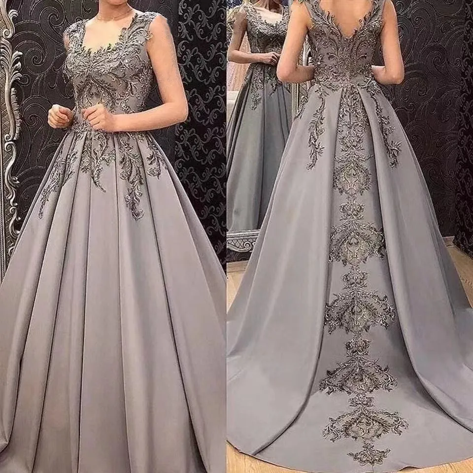 Vinca Sunny Gray Satin Evening Dresses Long Women Formal Party Night Robe De Soiree Elegant Appliques Sleeveless Prom Dress