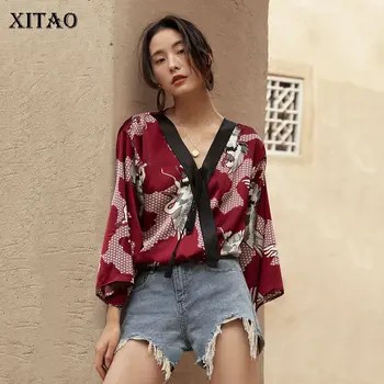 

XITAO Japanese Style Vintage V Neck Womens Tops and Blouses Loose Bandage Shirt Vacation Top Kimono Fashion Trend New DMY3443