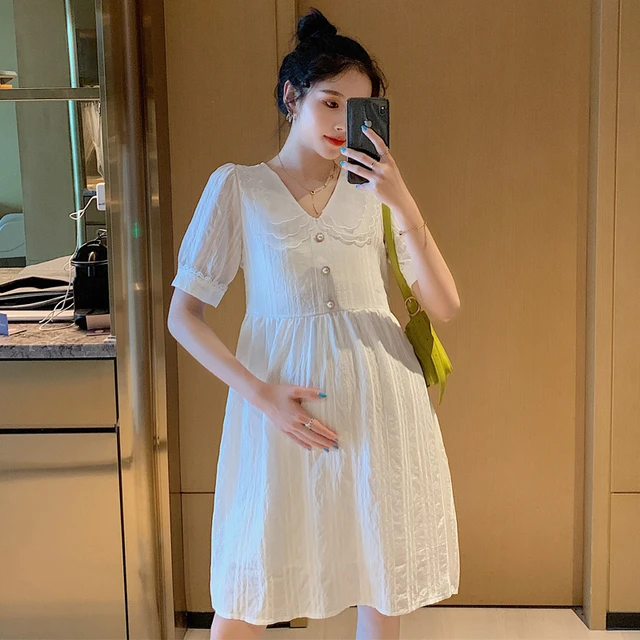 Contiene superficie Comprensión Vestido de maternidad elegante para mujer embarazada, ropa de algodón  blanco, moda coreana, línea A, cintura ajustada, verano, 618 _ - AliExpress  Mobile