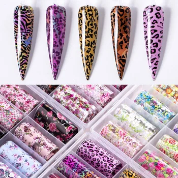 

10 Pieces 1 Box of Christmas Star Paper Nail Stickers Colorful Leopard Flower Nail Sticker with Rhinestone Nail Art