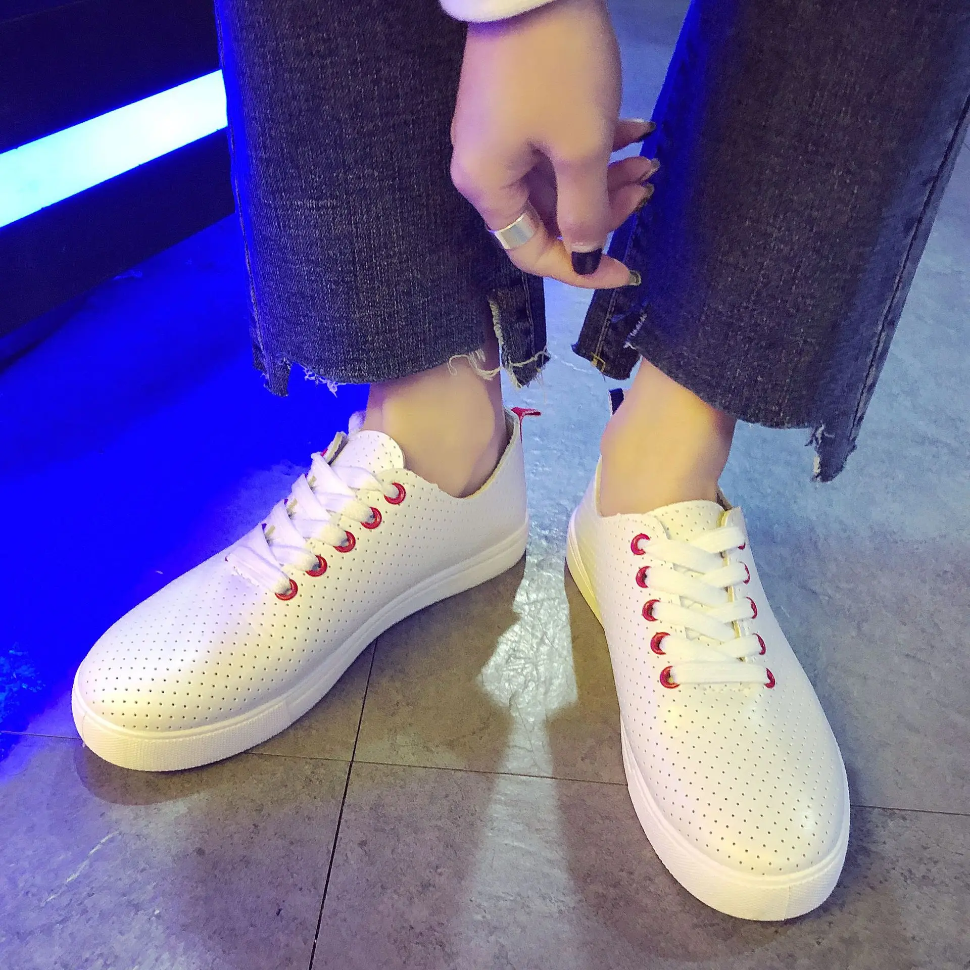 White Sneakers Women 2020 Spring Autumn New Chunky Shallow Lace Up Flat Shoes Woman Breathable Casual Sports Shoes-woman