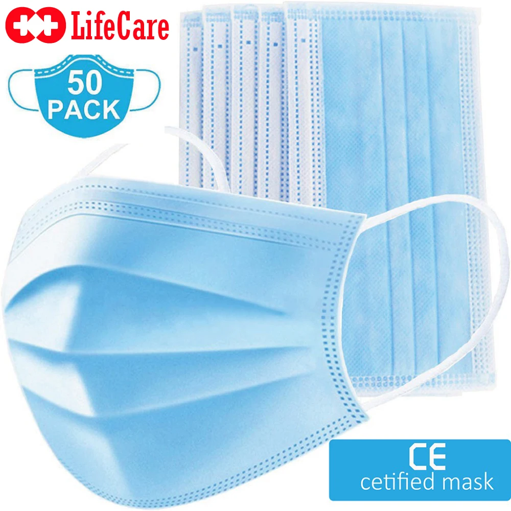 

50pcs Disposable Protective face Masks 3 Layers dustproof Maldehyde Prevent bacteria Facial Cover Mask