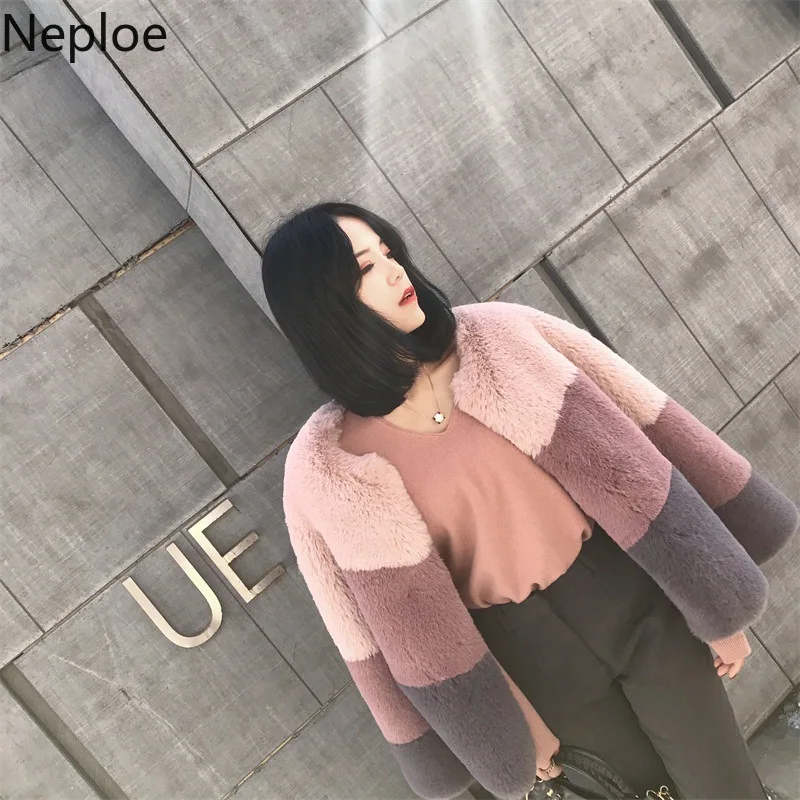 Neploe корейский искусственный мех кролика пальто короткая модная Лоскутная Толстая зимняя куртка женская Милая Casaco Feminino 46257