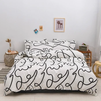 

4pcs Winter Bedding Set Striped Abstract Bed Sheet Soft Flat Sheet Double Side Bed Cover Quilt Cover Queen Size Duvet Cover