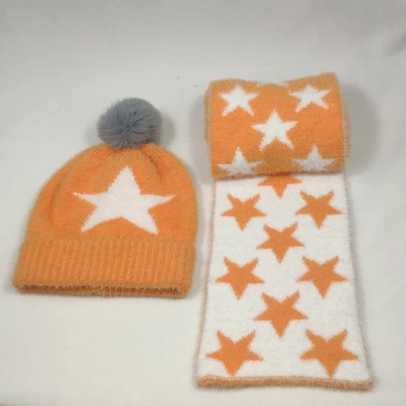 Комплекты из очень мягкого шарфа и шапки со звездами для мальчиков и девочек от 2 до 6 лет детская зимняя шапка с помпоном, оранжевый, желтый, серый, розовый, бежевый