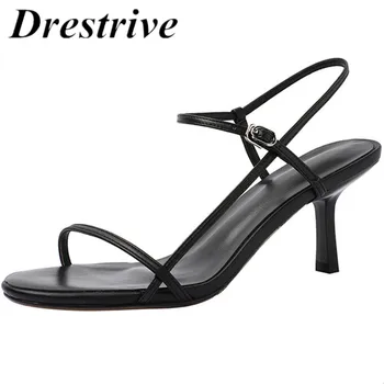 

Drestrive 2019 genuine leather women sandals big size 33-43 summer dress cow leather woman high heel shoes buckle thin heel 7 cm