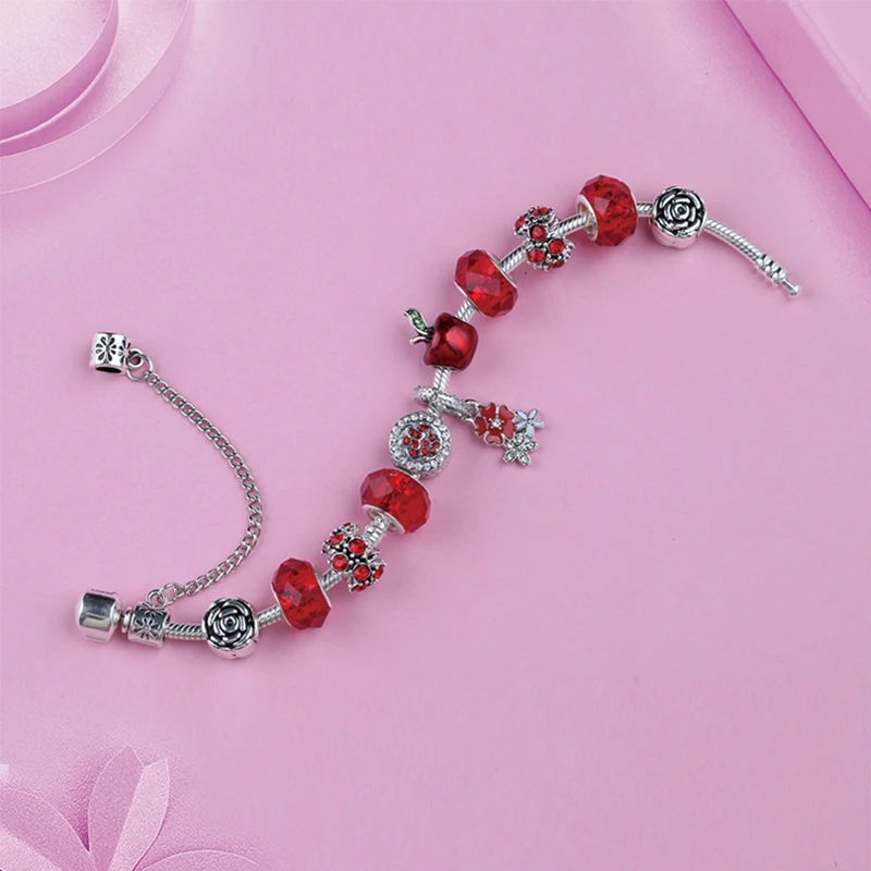European& American Trendy Christmas Apple Charm Bracelet& Bangle Red Flower Crystal Diy Bead Bracelet Jewelry for Women
