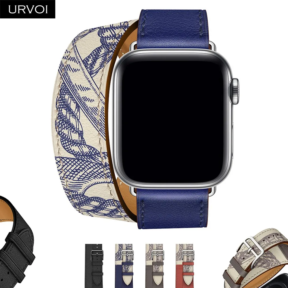 URVOI с принтом двойной тур ремешок для Apple Watch band series 5 4 3 2 1 для iwatch натуральная кожа петля очень длинный ремень качество