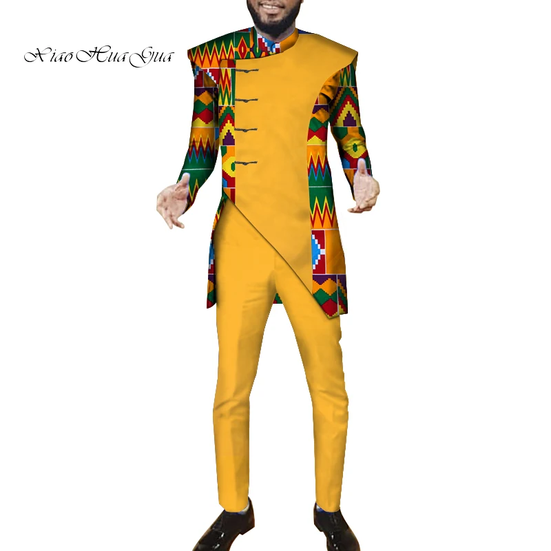 Африканские мужские комплекты Топы+ брюки комплект из 2 предметов модная одежда с принтом праздничный костюм африканская одежда индивидуальные WYN972