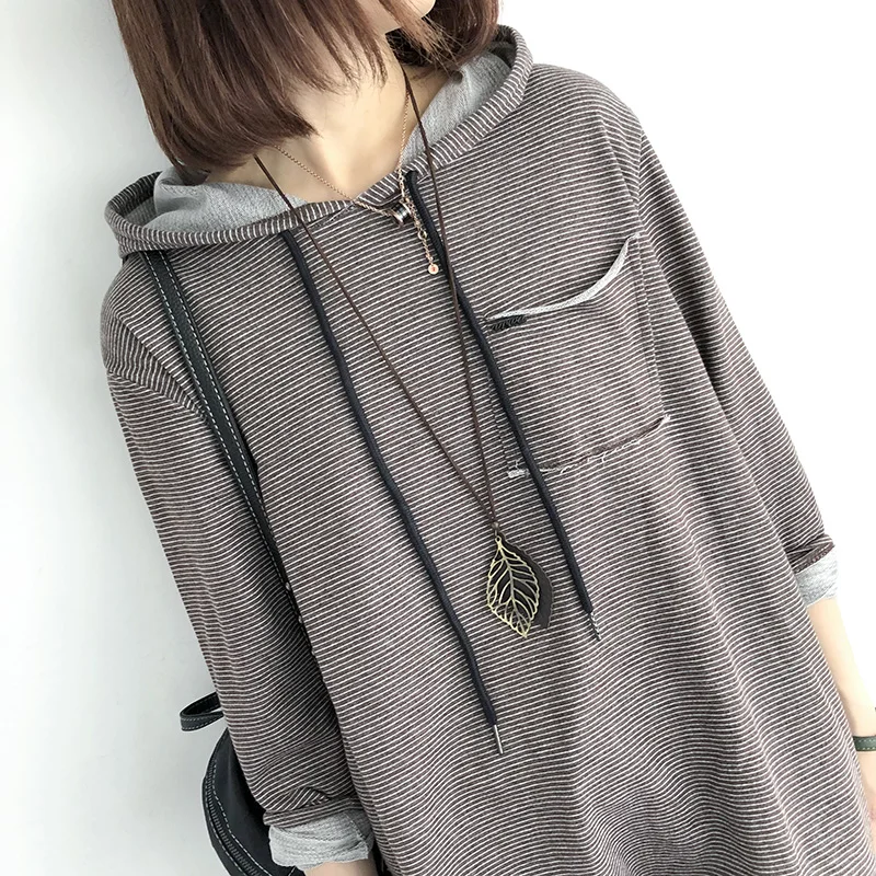 Autumn Casual Women Stripe Shirt Cotton Hooded Long Sleeve Spring Thin Pockets Loose Female Fashion Blouse YoYiKamomo