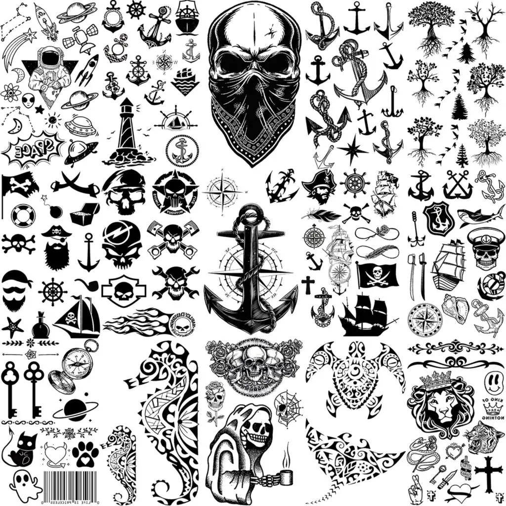 Anchor Pirate Skull Temporary Tattoos For Women Adult Men Kids Boy Astronaut Ship Seahorse Fake Tattoo Neck Arm Hand Small Tatoo