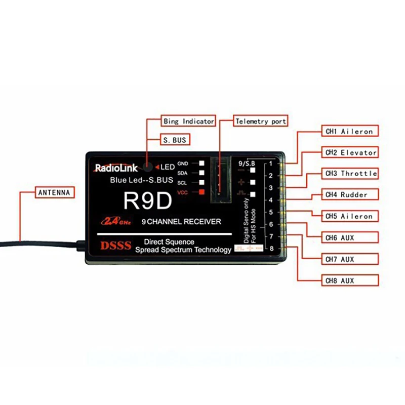 Radiolink R9DS 2.4G 9Ch S.BUS Receiver for RadioLink AT9 AT10 Transmitter RC Helicopter Multirotor