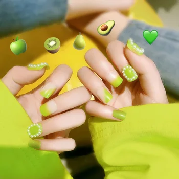

Manicure Finished Product INS Fluorescence Green Avocado Color Fake Nails Finished Product Manicure Pat