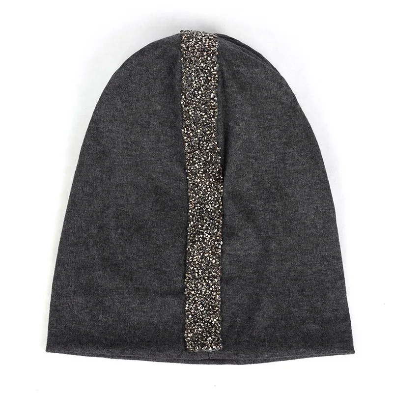 Geebro золотые стразы Skullie Beanies для женщин женские шапки Bonnets зимние хлопковые эластичные шапки повседневные однотонные шапки DZ935 - Цвет: Gray Dark Gray