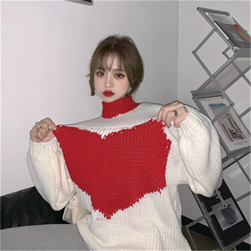 

Sweater Women Heart Pattern Fall Winter Casual Loose Half High Collar Knit Pullovers For Female Oversize Streetwear JumpersTops