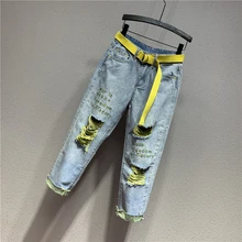 Европейские женские джинсы, лето, новинка, тяжелые, с дырками, подходящие по цвету, с высокой талией, желтые, Torre Harlan, джинсовые штаны бойфренда