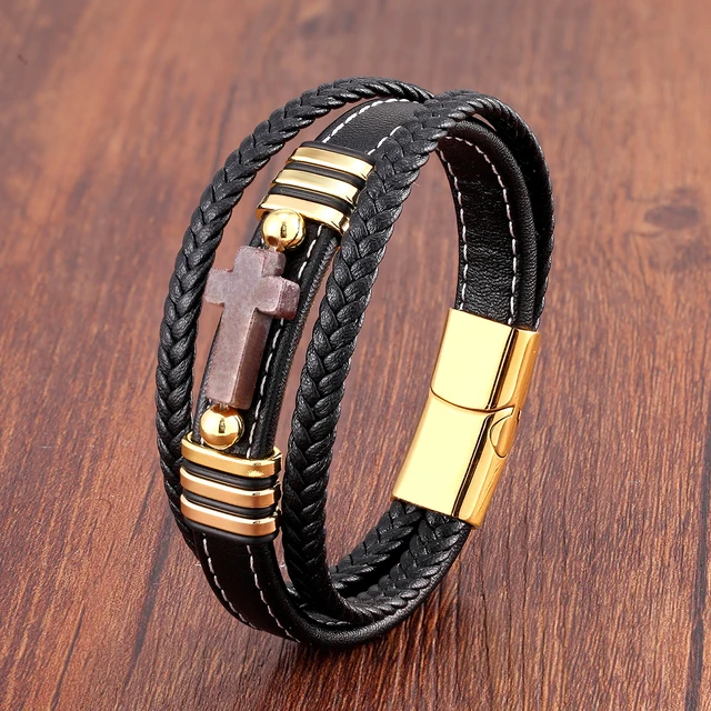 Bracelet Cuir Lisse, Tressé, Fermeture Magnétique Pratique. Pour Hommes