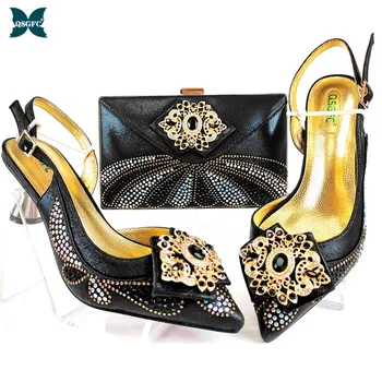 

2020 Latest Fashionable Black Color Noble and Elegant Ladies Shoes and Bag Set Decorated With Black Heart-Shaped Rhinestone
