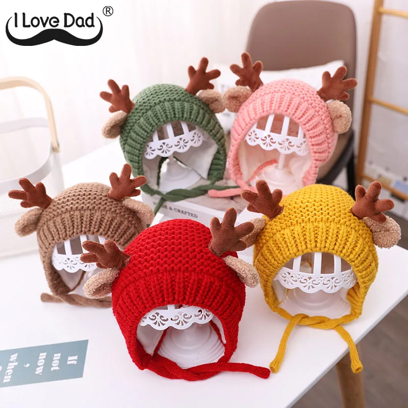 Cute Elk Baby Hat With Ear Winter Christmas Knitted Kids Beanie Outdoor Ear Protection Cap Toddler Boys Girls Warm Ski Hats
