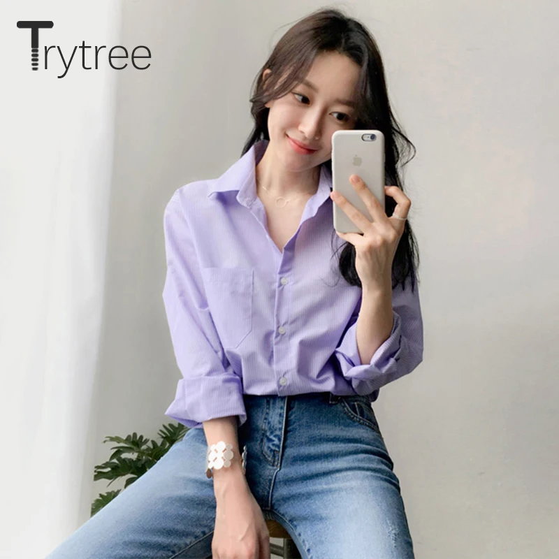 Блузка Trytree женская с отложным воротником однобортная офисная в полоску