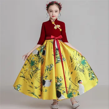 

2019New Year Festivals Cheongsam Dress For Girls Children Chinese Style Qipao Dress Baby Kids Fashion Host Piano Guzheng Dress