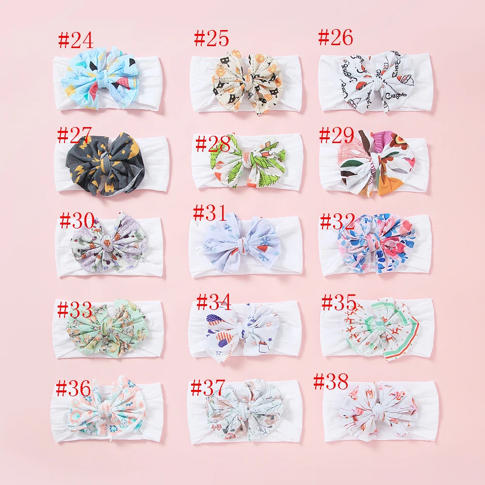 

2019 New 30pc/lot Flamingo/Watermelon/plaid/Floral Print Hair Bows Match White Wide Nylon Headband for Kids Girls Baby Hair Accessories