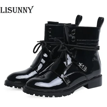 

2020 Patent Leather Women Ankle Boots Lace Up Round Toe Spring Autumn Booties Shoes Female Fashion Buckle High Quality