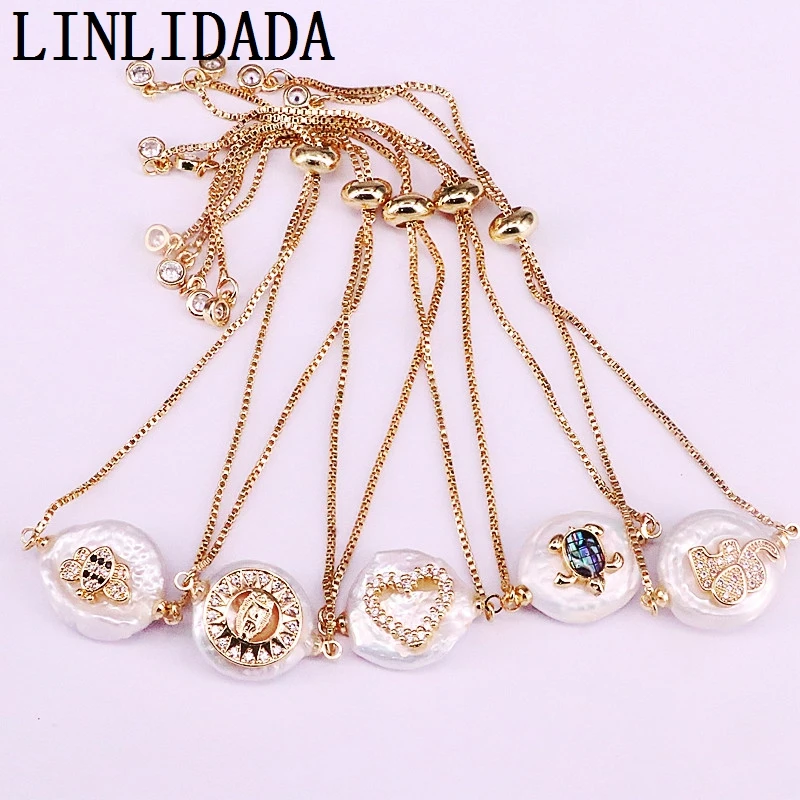 8Pcs New Cubic Zirconia Micro Pave Charm Round Freshwater Pearl Connector Bead Link Bracelet For Women Girl