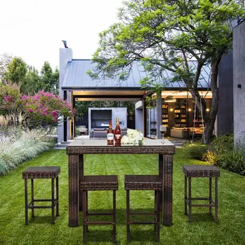 

5 IN 1 Modern Bar Stool Table Chair Set Outdoor Patio Furniture Of 5 Brown Gradient USA Warehouse Fast Shipping