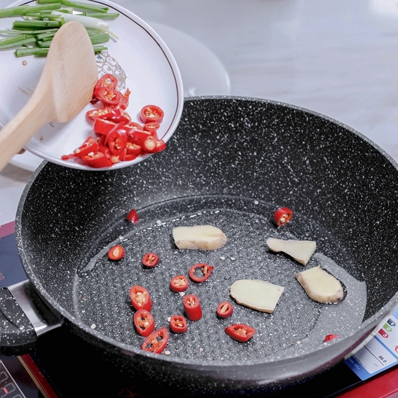 Comprar 24 CM 26 CM 28 CM Maifan Stone antiadherente sartén de aleación de aluminio olla de sopa Wok con tapa para cocina de Gas e inducción