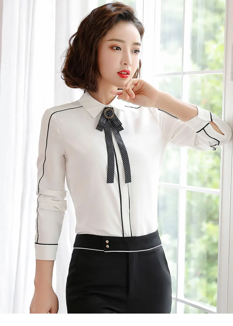 Элегантная шифоновая рубашка женская с длинным рукавом Осень темперамент Тонкий галстук-бабочка женская одежда для офиса профессиональная столешница