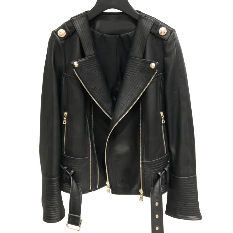  Womens Leather Jacket Belt Sheepskin Jacket Short Lambskin Black Female Genuine Leather Overcoat La