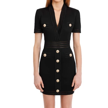 

Summer New French Sexy V-neck Short Sleeve Knitted Dress Women Slim Elegant Dress Pocket Fashion Zip Outfit Ladies Party Dress