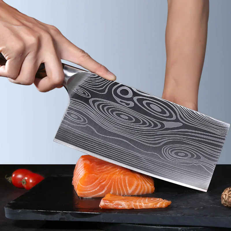 

New Kitchen Knife Damascus Laser Pattern Chinese Chef Knife Stainless Steel Butcher Meat Chopping Cleaver Knife Vegetable Cutter