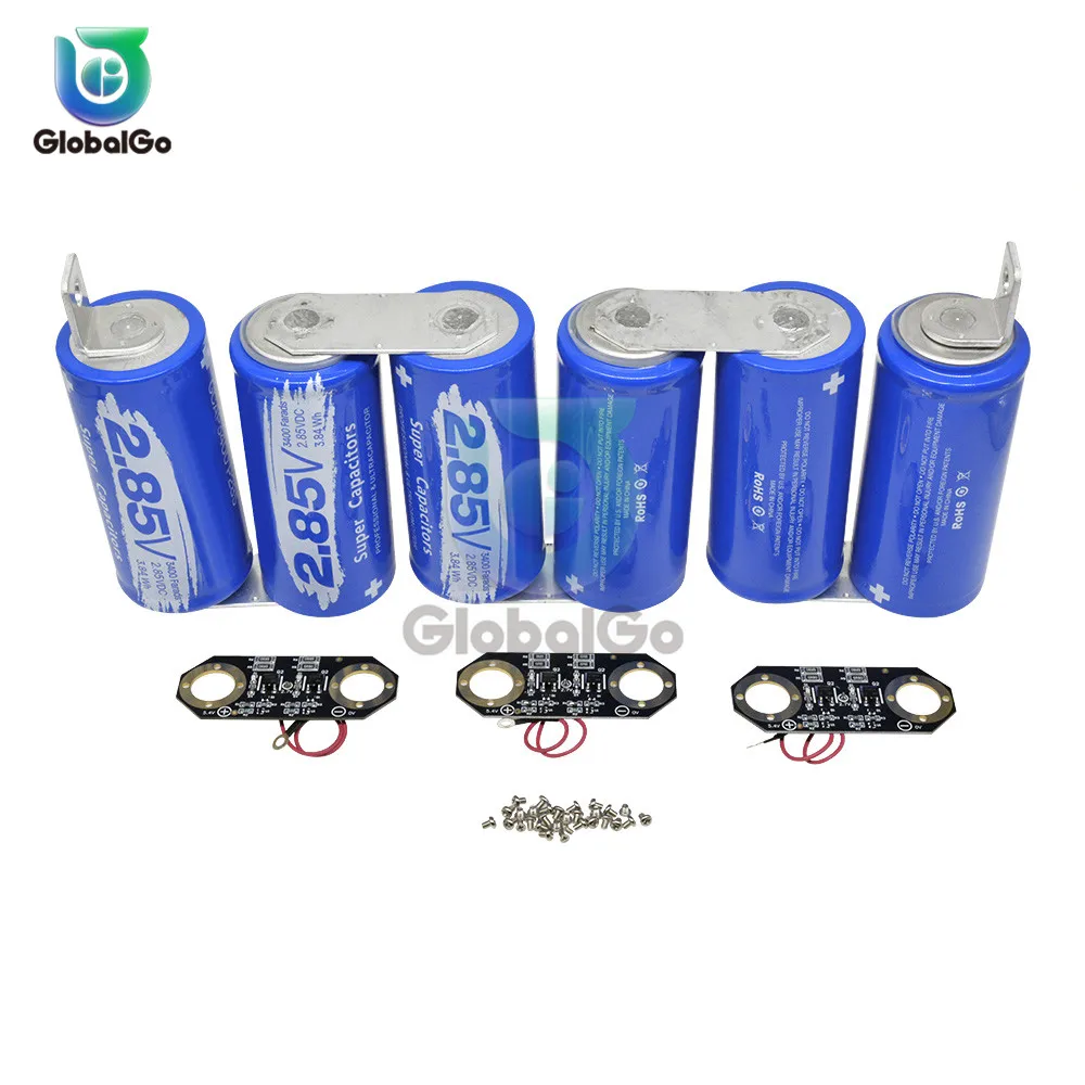 

3PCS+3PCS 2.85V 3400F 17V 566F Super Farad Capacitors with Protection Board Solar Car Power Supply