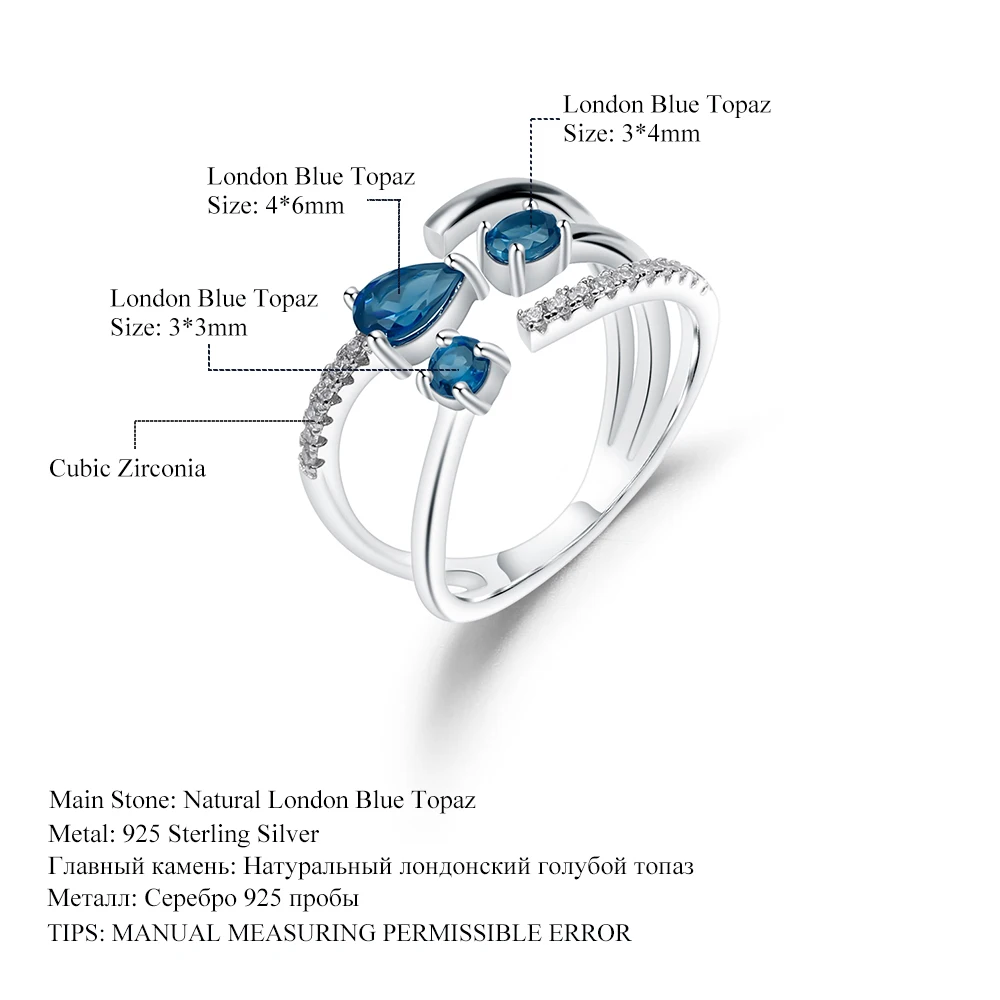 GEM'S BALLET, 0.83Ct, натуральный Лондон, голубой топаз, камень по месяцу рождения, кольцо, 925 пробы, серебро, регулируемое, Открытое кольцо для женщин, ювелирное изделие