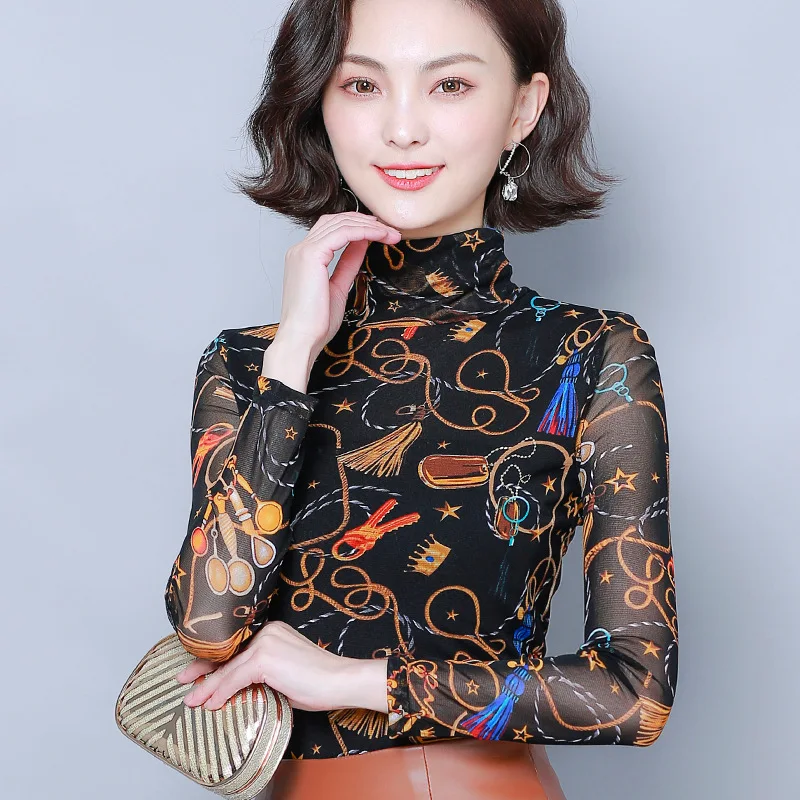 

2019 Autumn & Winter New Style Versatile High Collar plus Velvet Warm Printed Gauze Base Shirt WOMEN'S Long Sleeve Slim Fit Tops