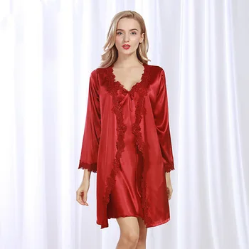 

Silk Satin Bathrobe Women Bride Bridesmaid Wedding Robe Set Dress Gown Sexy Lace Long Sleepwear Night Sleep Wear Pajamas Suit