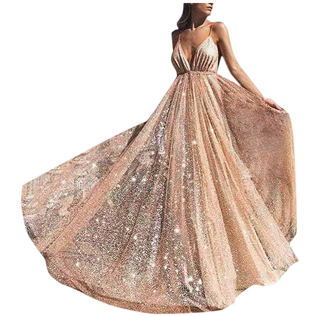 SFW91009314GD Sexy Women Dress Sparkly Formal Bridesmaid Party Ball Prom Long Dress Wedding Deep V-Neck Mermaid Dress - Цвет: SFW91009314GD