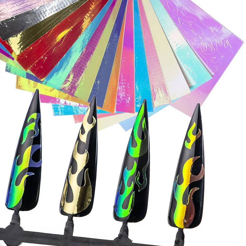 

16Pcs/set Laser Flame Design Nail Sticker Magic Nail Sequin Decals self-Adhesive Hollow Stickers Fires On Manicure Stencil Decor