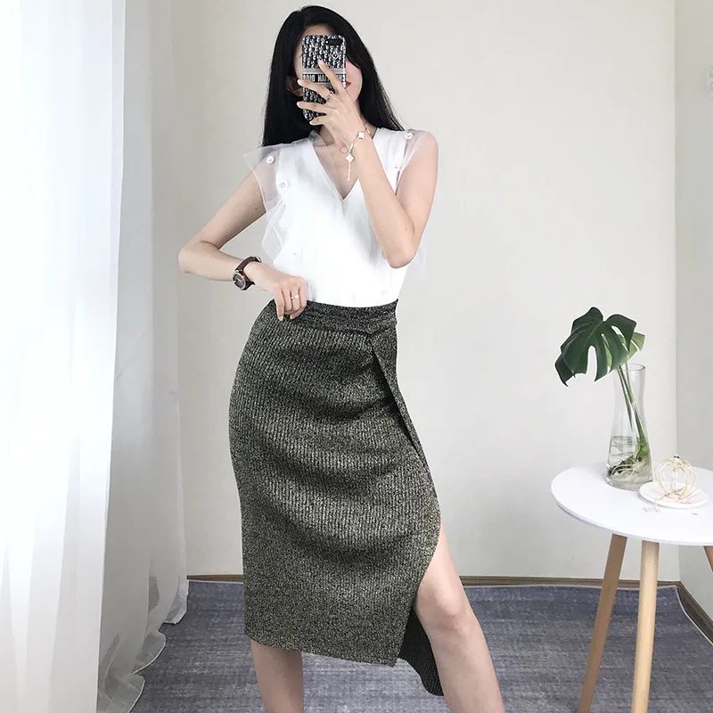 

Women Skirt Holiday Lurex Knitted High Split Bottom Elegant Bodycon High Waist Runway Slim Luxury Faldas Saia Jupe