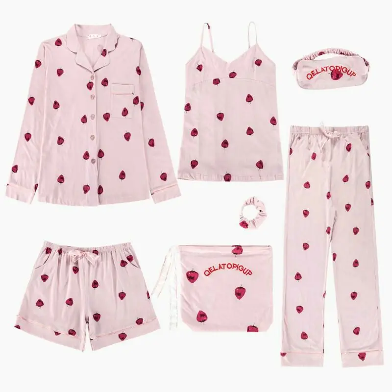 

Pure Cotton Pajamas Female Summer Students Hot Selling Suspender Shorts Cotton Strawberry Seven Sets Set Home Wear