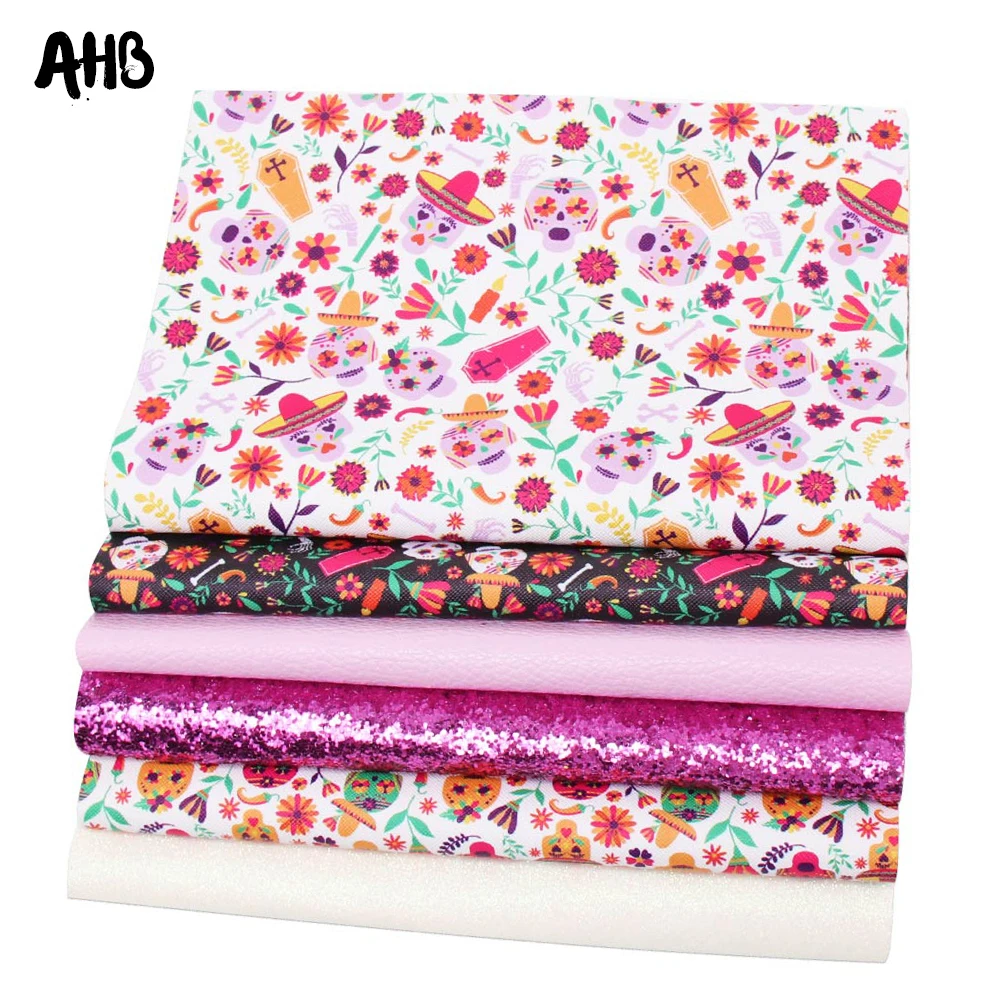 

AHB 22*30cm Halloween Synthetic Leather Glitte Sheet Printed Artificial Leather for DIY Hair Bow Bags Handmade Crafts Material