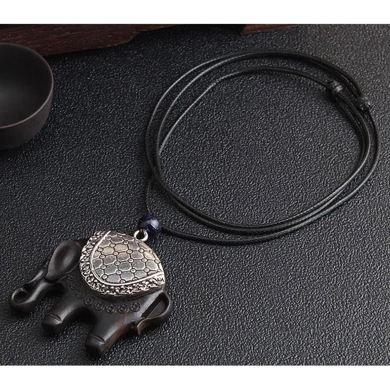 

Boho Ethnic Necklace Elephant Pendant Ebony Wooden Necklace Black Long Rope Chain Sweater Chain Jewelry for Women Accessories