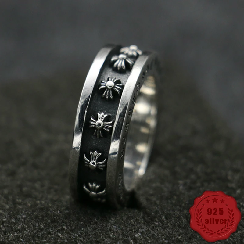 

100% 925 sterling silver ring personality retro fashion hip-hop styling punk style cross anchor creative men's 2018 new hot sale